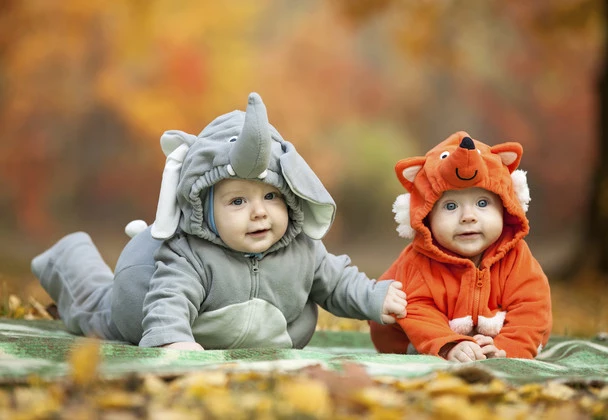 Two baby boys dressed in animal costumes