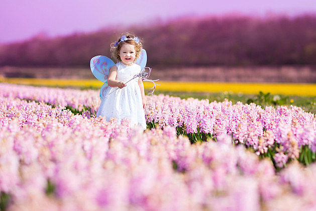 Sweet toddler girl in fairy costume on a flower field
